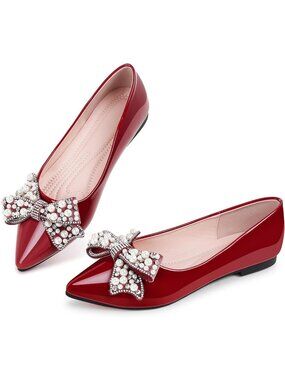 🆕Women's Dress Flats Comfortable Slip On Red Pointed Toe Pearl Shoes